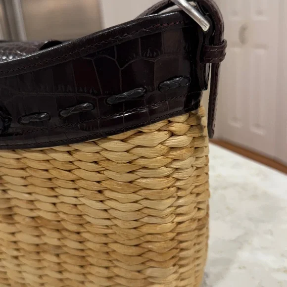 BRIGHTON Wicker Straw Purse Shoulder Bag Dark Brown Croc Leather Trim - Picture 5 of 11